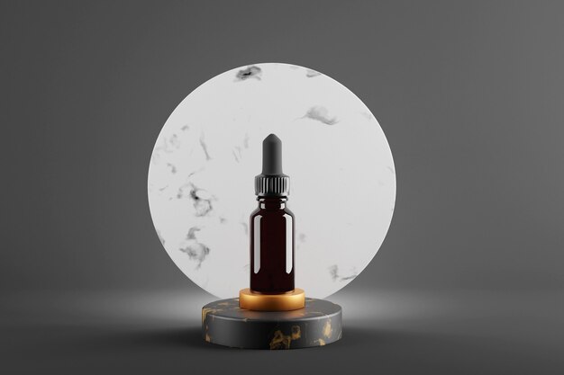 Glass brown bottle with essential oils and dropper. Dark studio with marble and golden podium. 3d render. mock up