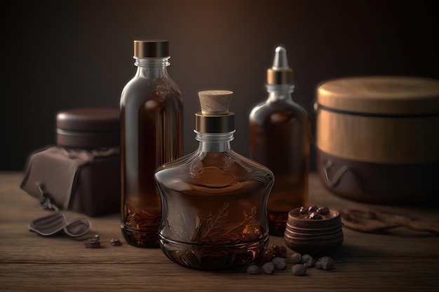 Glass brown bottles with organic cosmetics on wooden table mockup AI generation