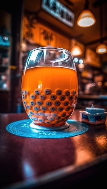 A glass of bubble gum balls sits on a coaster.