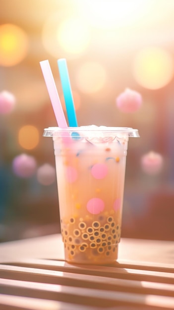 A glass of bubble tea with a pink straw