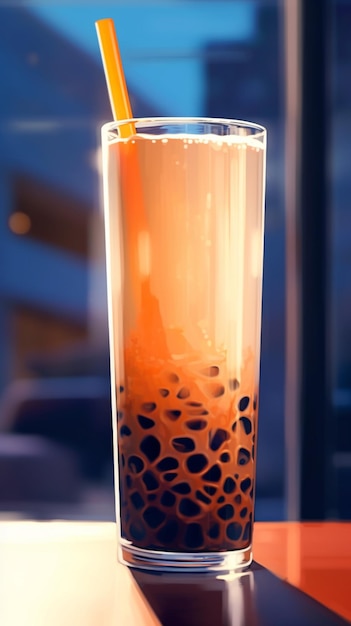 A glass of bubble tea with a straw and a glass of iced tea.