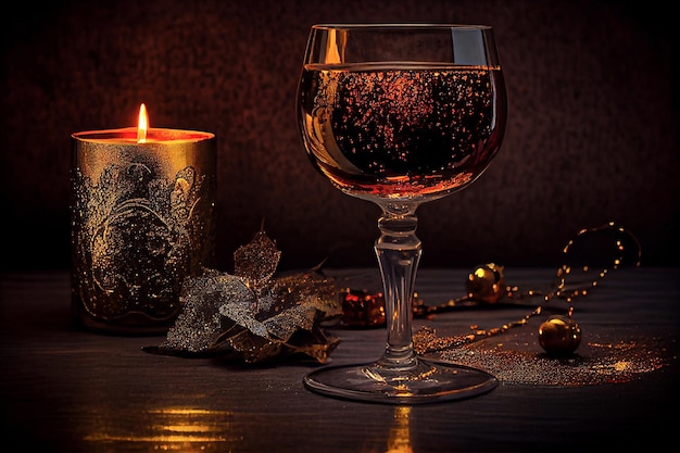 Стакан шампанского возле свечи с золотыми блестящими украшениями, сгенерированными искусственным интеллектом