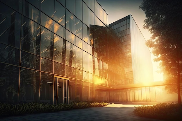 Glass building glowing with natural sunlight casting a warm and welcoming atmosphere