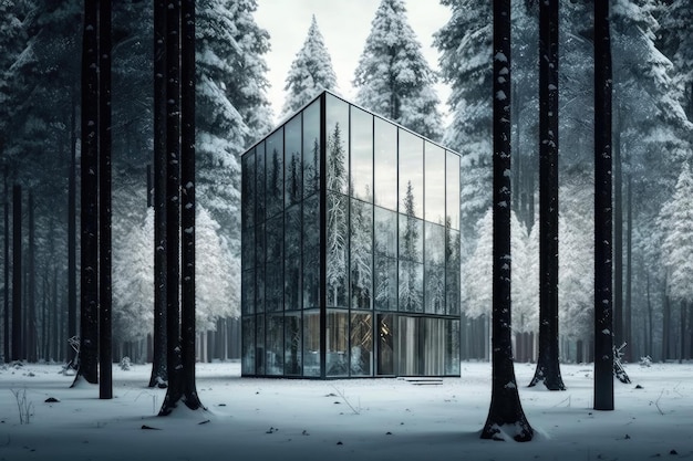 Glass building in the middle of a snowcovered forest