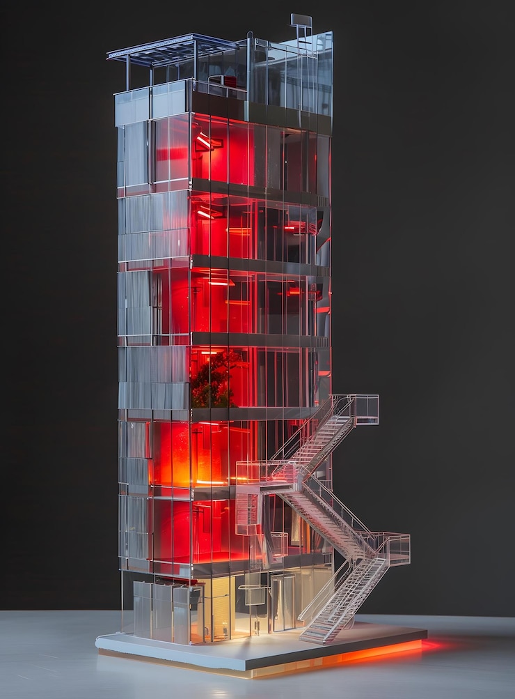Photo glass building model with red lighting