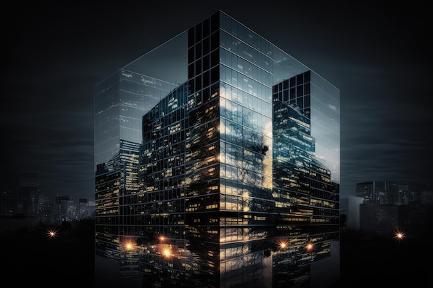 Glass building at night with twinkling city lights in the background