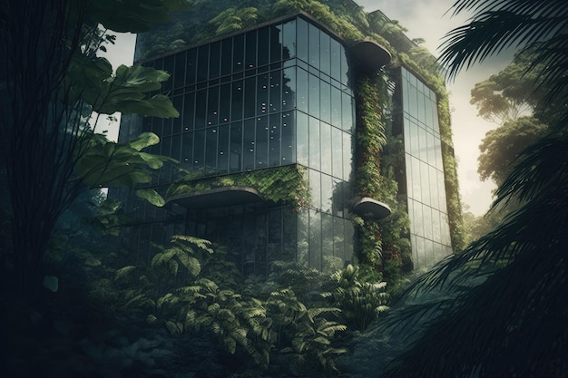 Glass building surrounded by lush greenery and nature