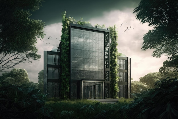 Glass building surrounded by lush greenery and nature