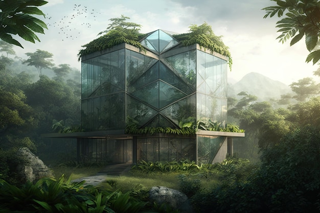 Glass building surrounded by lush greenery with view of the surrounding landscape