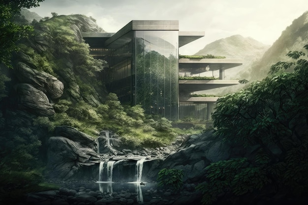 Glass building surrounded by lush greenery with a waterfall in the background