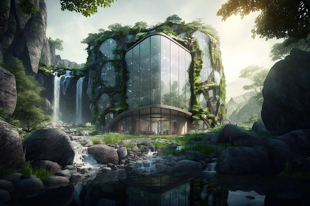 Glass building surrounded by waterfalls and greenery making for peaceful environment