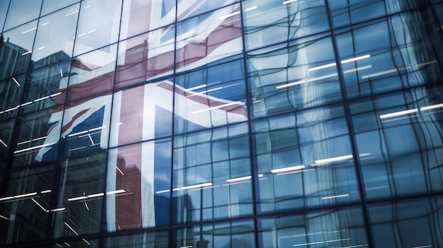 A glass building with a flag on it