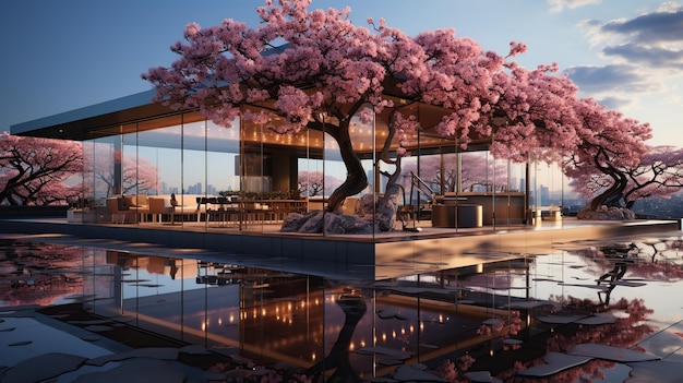 Photo glass building with sakura treesglass building with sakura trees