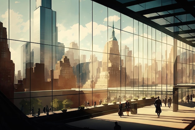 Glass building with view of bustling cityscape and skylines