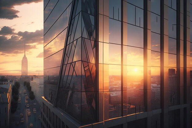 Glass building with view of bustling cityscape during sunset