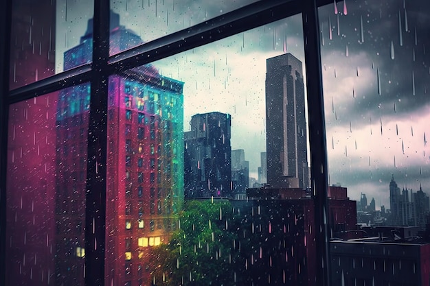 Glass building with view of colorful city on a rainy day