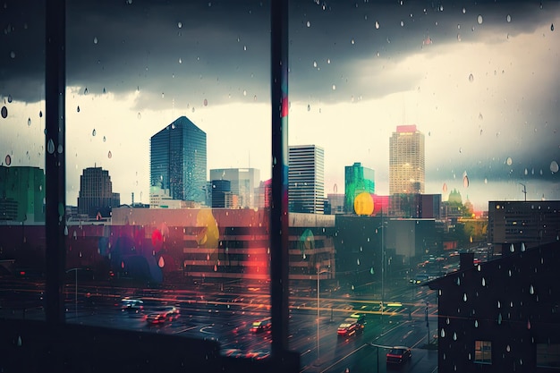 Glass building with view of colorful city on a rainy day