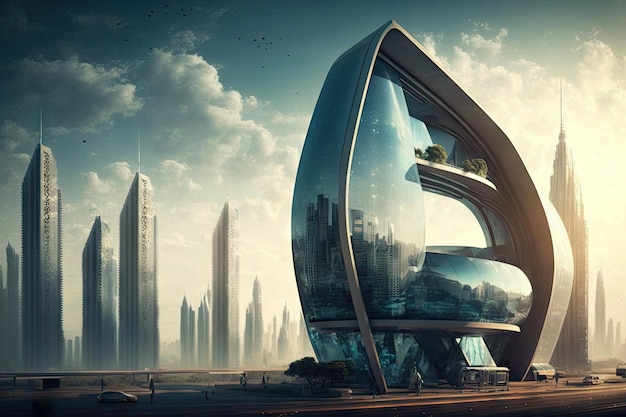 Glass building with view of sprawling cityscape and futuristic transportation