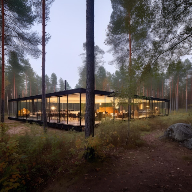 a glass building in the woods