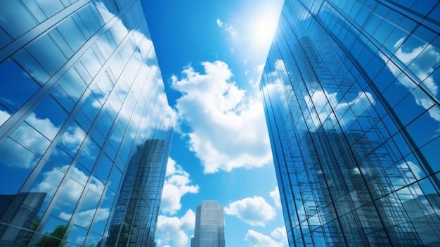 glass buildings with cloudy blue sky background