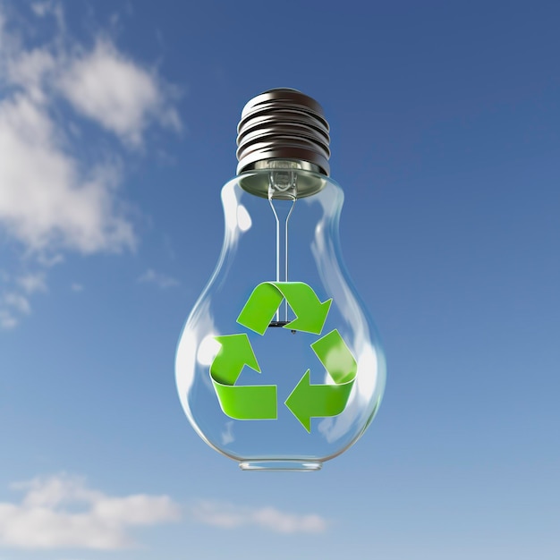 Glass bulb suspended in the air with a blue sky in the background and a green recycling symbol inside it 3d render generat ai