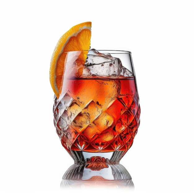 A glass of campari vermute negroni with orange slices and ice cubes generative Ai