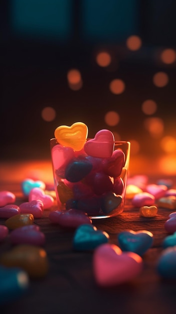 A glass of candy with a heart shaped candy in it