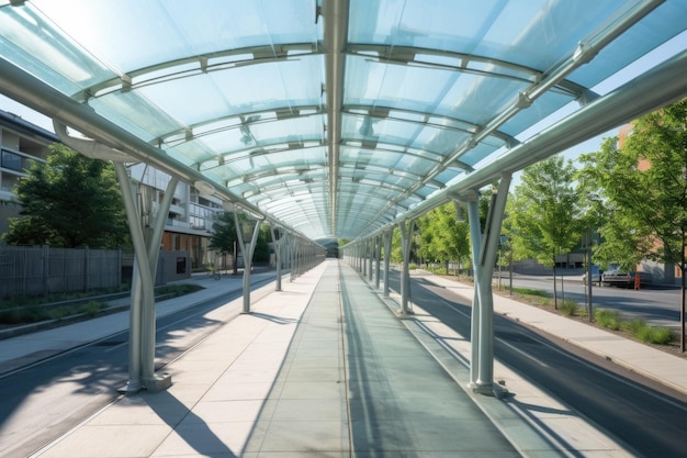 Photo glass canopy covering concrete walkway in urban setting