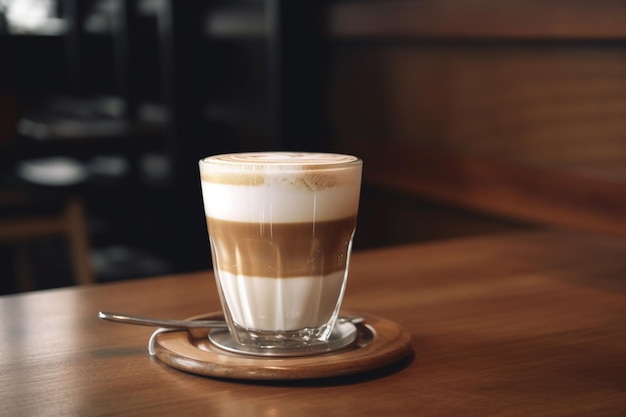 A glass of cappuccino sits on a wooden table with a spoon.