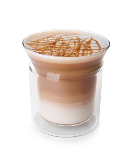 Glass of caramel macchiato on white background