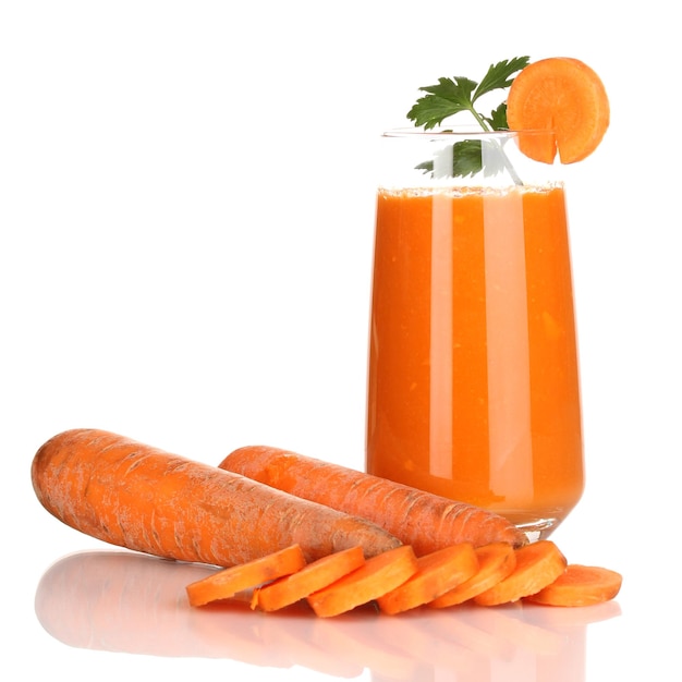 Glass of carrot juice and fresh carrots isolated on white