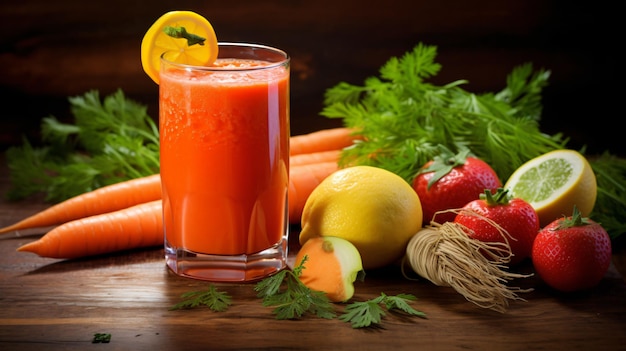 Photo a glass of carrot juice surrounded by carrots