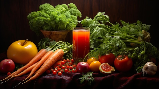 A glass of carrot juice surrounded by carrots