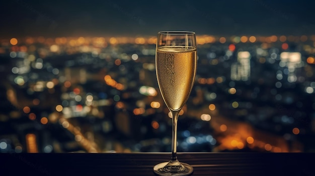 A glass of champagne on a balcony overlooking a cityscape.