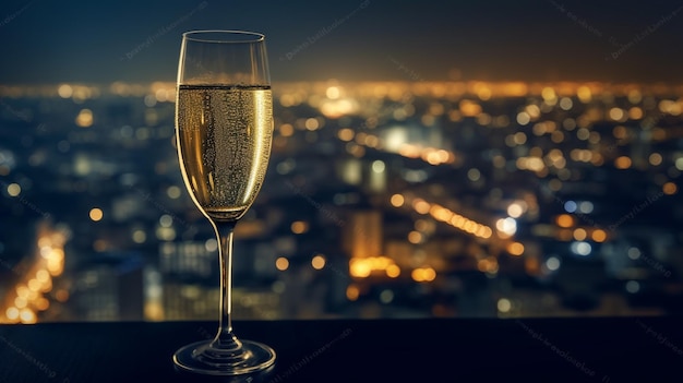 A glass of champagne on a balcony overlooking a cityscape.