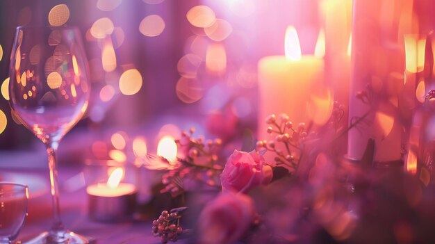 A glass of champagne and candles in closeup background bokeh