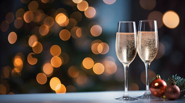 Glass of champagne Christmas night New Year eve AI generated image