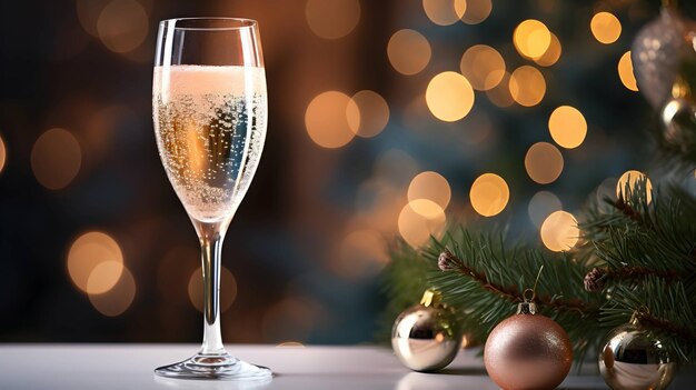 Glass of champagne Christmas night New Year eve AI generated image