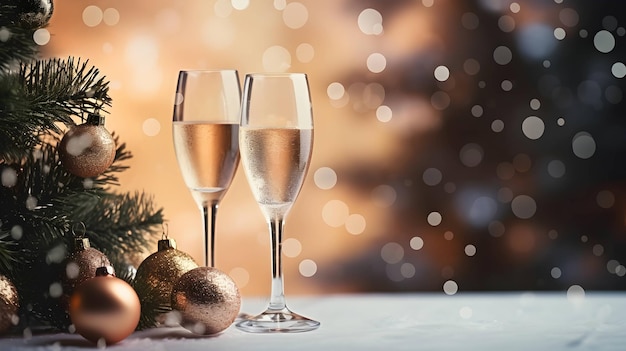 Glass of champagne Christmas night New Year eve AI generated image