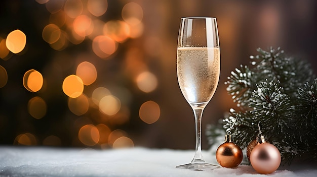 Glass of champagne Christmas night New Year eve AI generated image