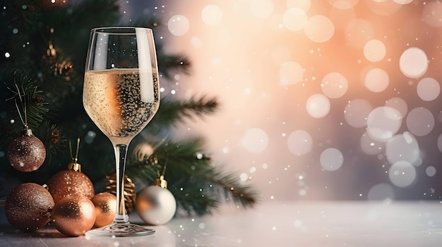 Glass of champagne Christmas night New Year eve AI generated image