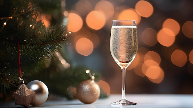 Glass of champagne Christmas night New Year eve AI generated image