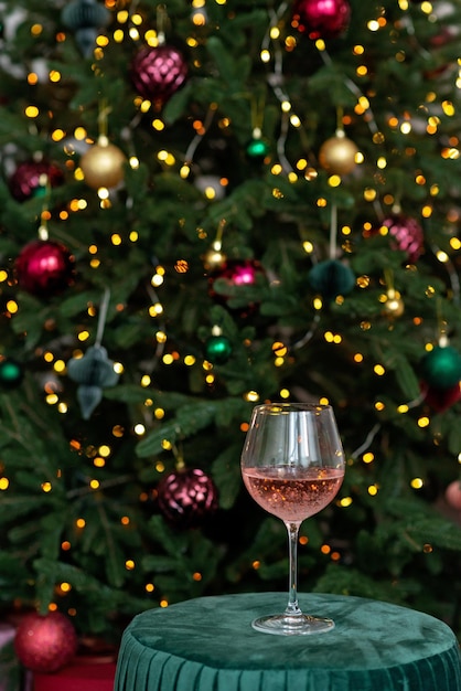 Glass of champagne rose against the background of bokeh lights of the Christmas tree. Winter holiday. New year background. Soft selective focus.