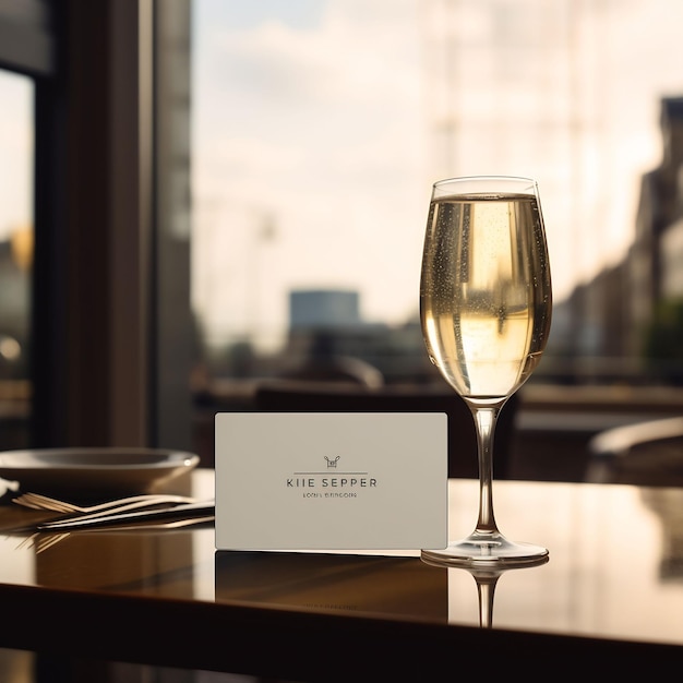 a glass of champagne sits on a table next to a glass of champagne.