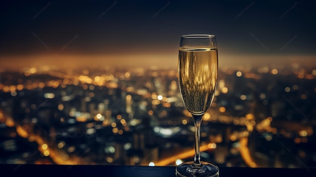 A glass of champagne with the city lights in the background