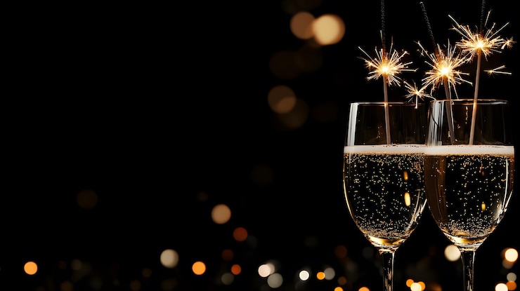 Photo a glass of champagne with fireworks in the background