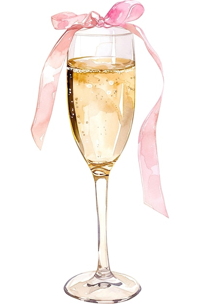 a glass of champagne with pink ribbon and a pink ribbon in it