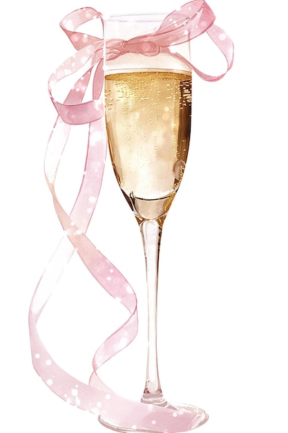 Photo a glass of champagne with pink ribbon and a pink ribbon