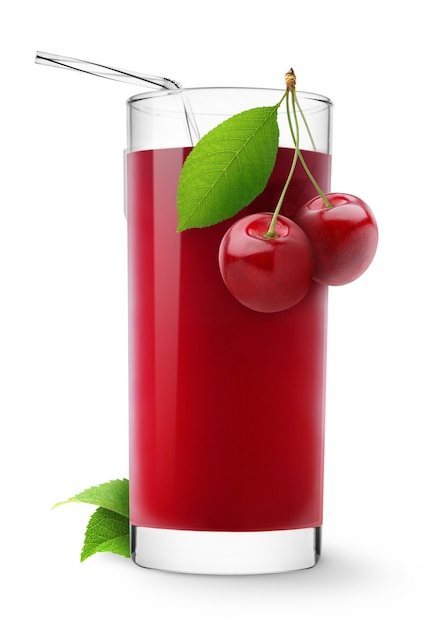 Glass of cherry juice and two fresh cherries isolated on white surface