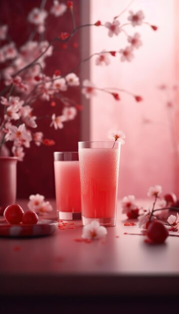 A glass of cherry juice with cherry blossoms on the side